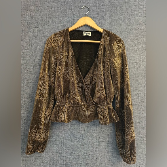 Show Me Your MuMu Metallic Brown V-Neck Blouse Anthropologie - Picture 4 of 7